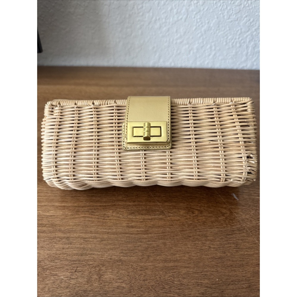 J.Crew Natural Rattan Tan Leather Strap Gold Tone Turn Lock Clutch
